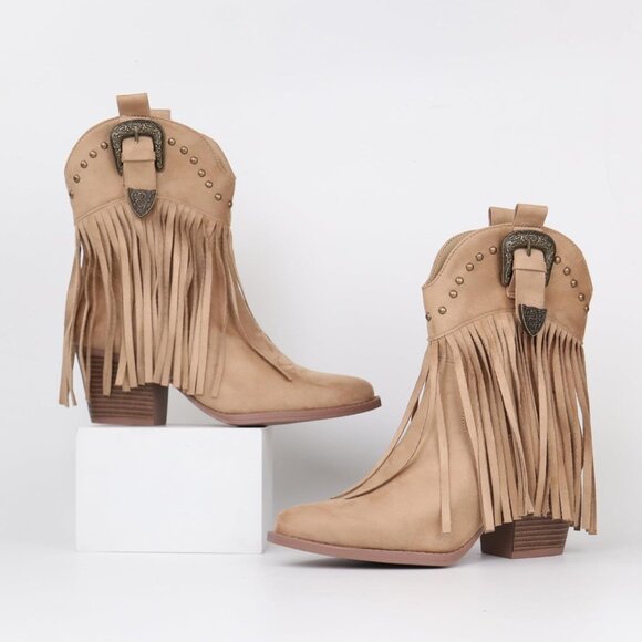 Hawkwell Women Khaki Fringe Cowgirl Snip Toe Pull On Dress Western Ankle Booties - Picture 4 of 6
